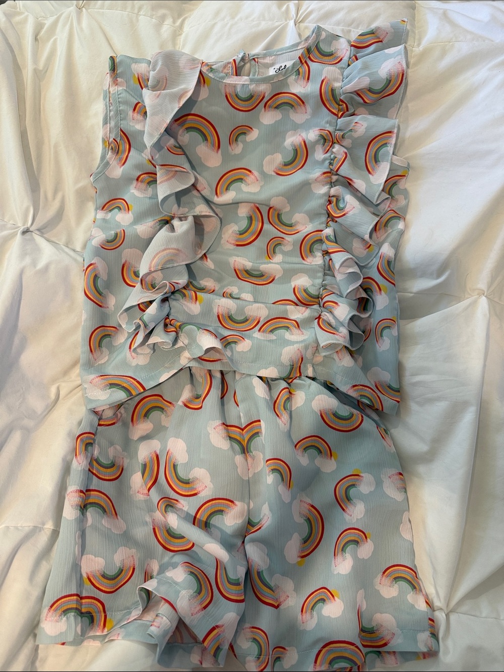 Lola & The Boys Girls Rainbow Ruffle Set  — Light Blue with Multicolor Rainbows